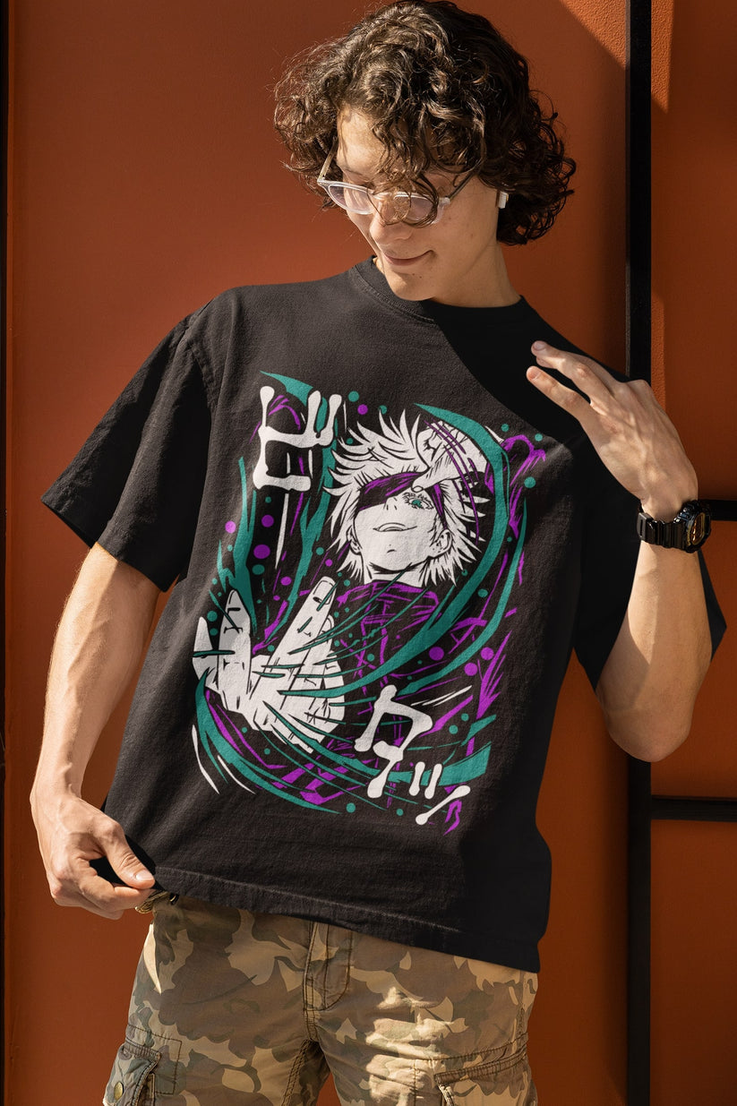 oversized t shirt mockup featuring a smiling man with curly long hair m32077 - Jujutsu Kaisen Store